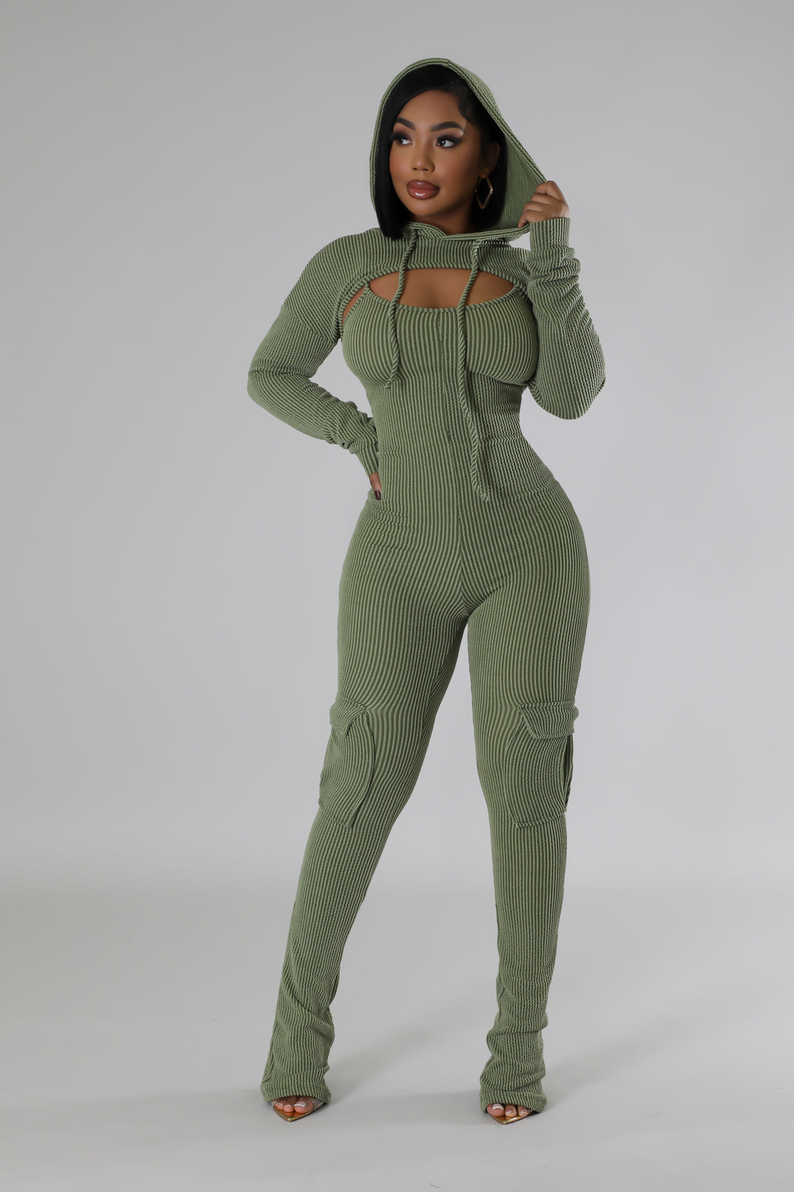 olive green jumpsuit with bolero top