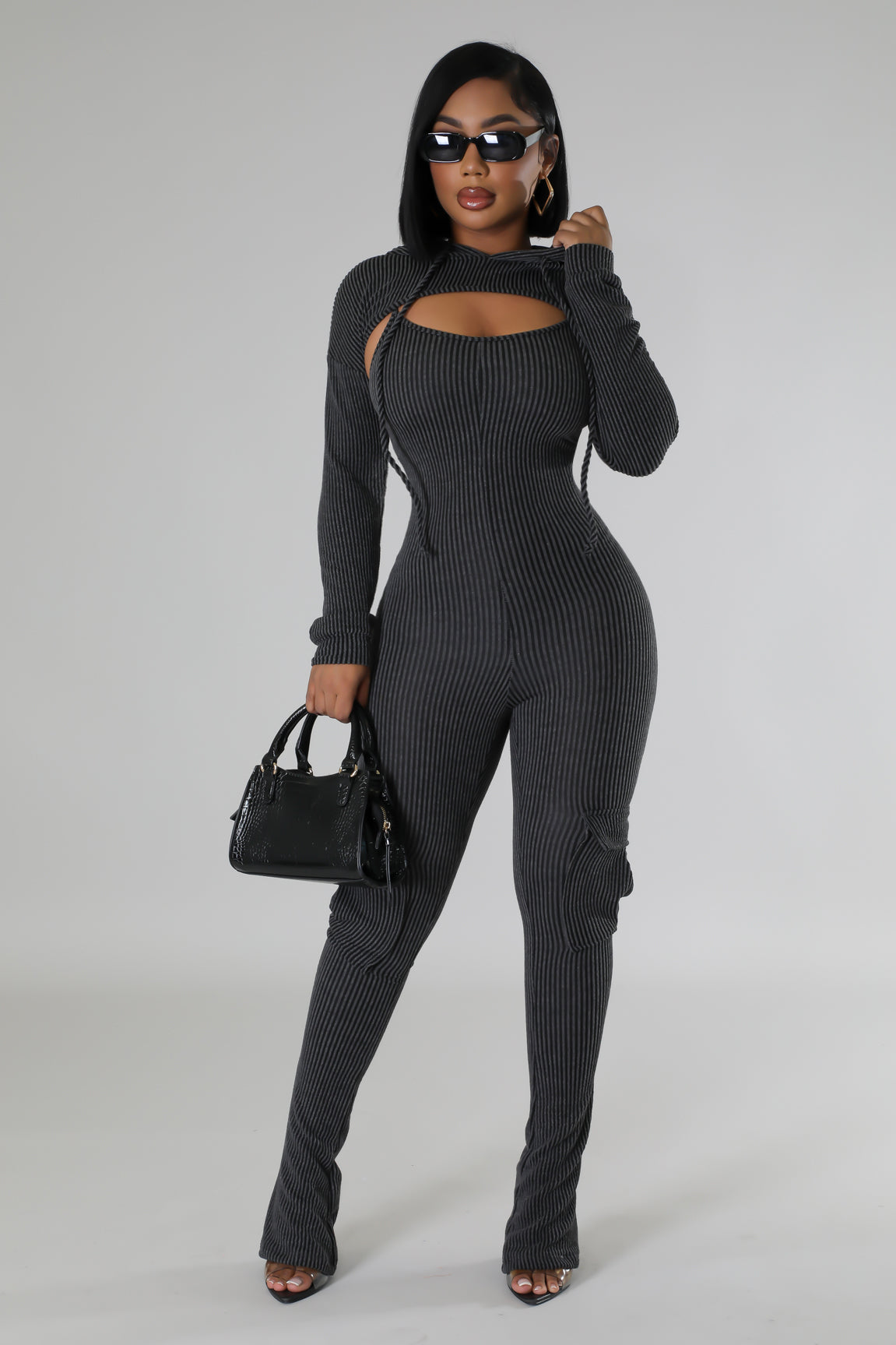 charcoal jumpsuit with bolero top