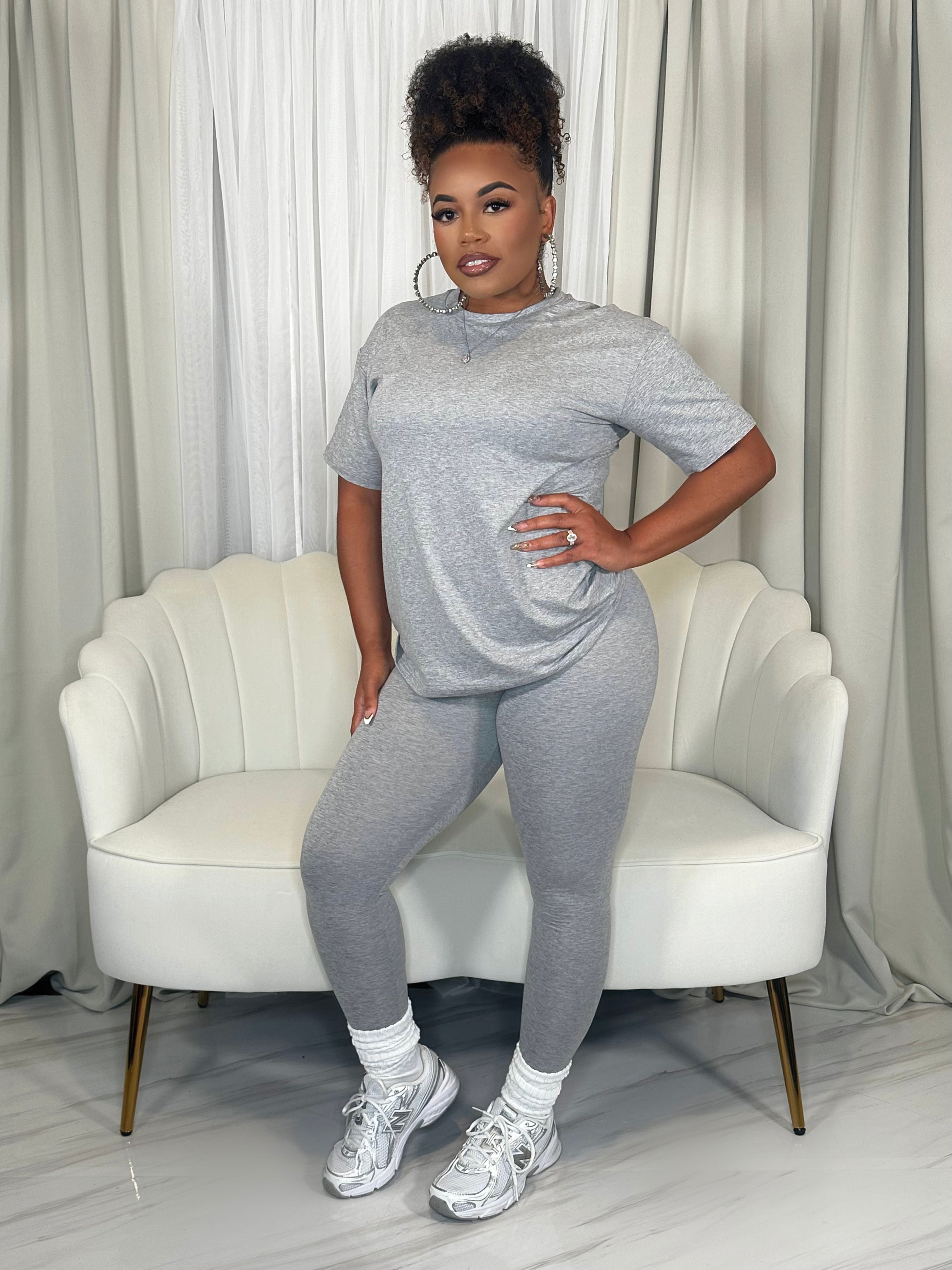 Soft matching legging set styled with sneakers