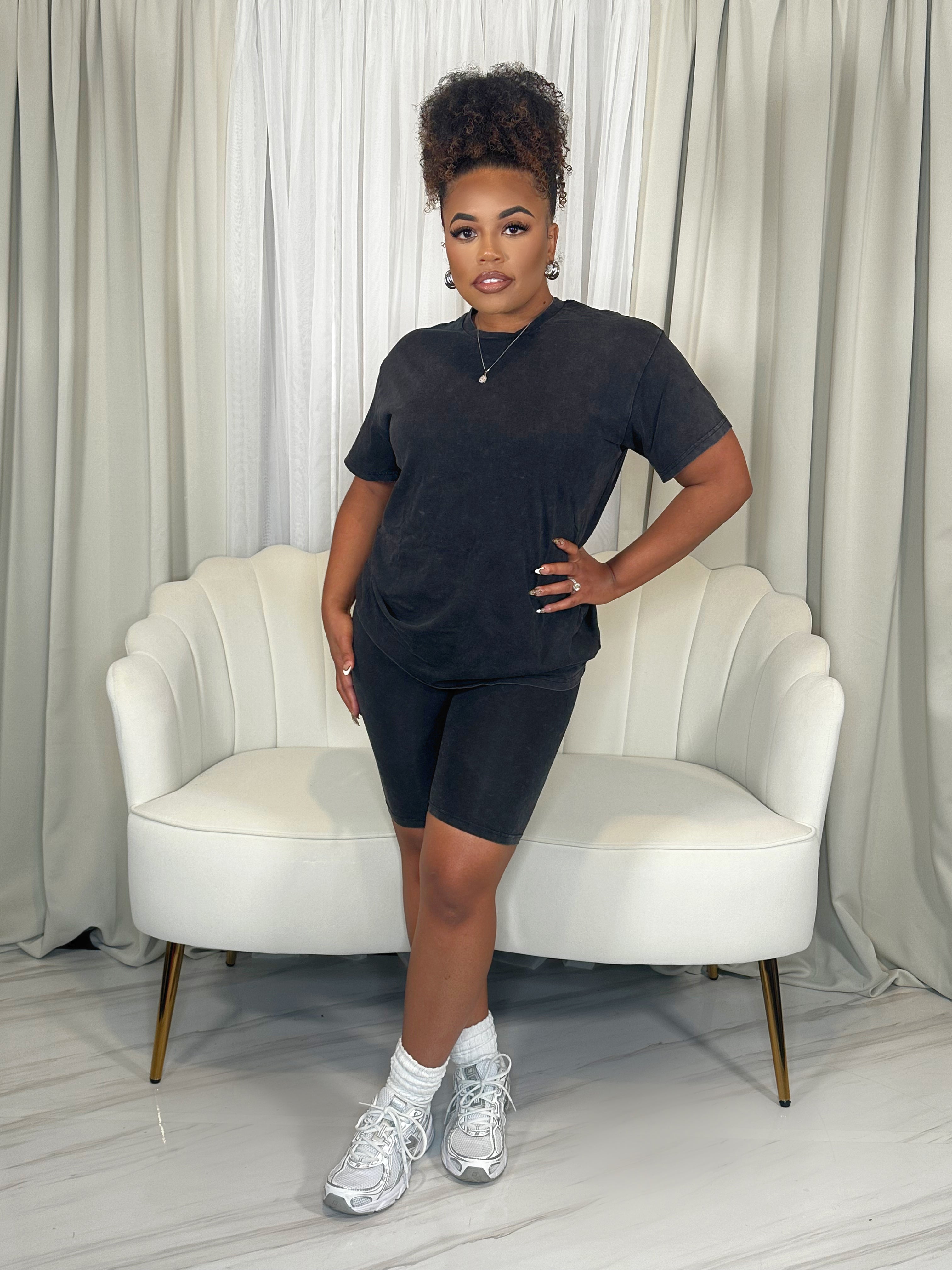 Two-piece lounge set with biker shorts and short sleeve top