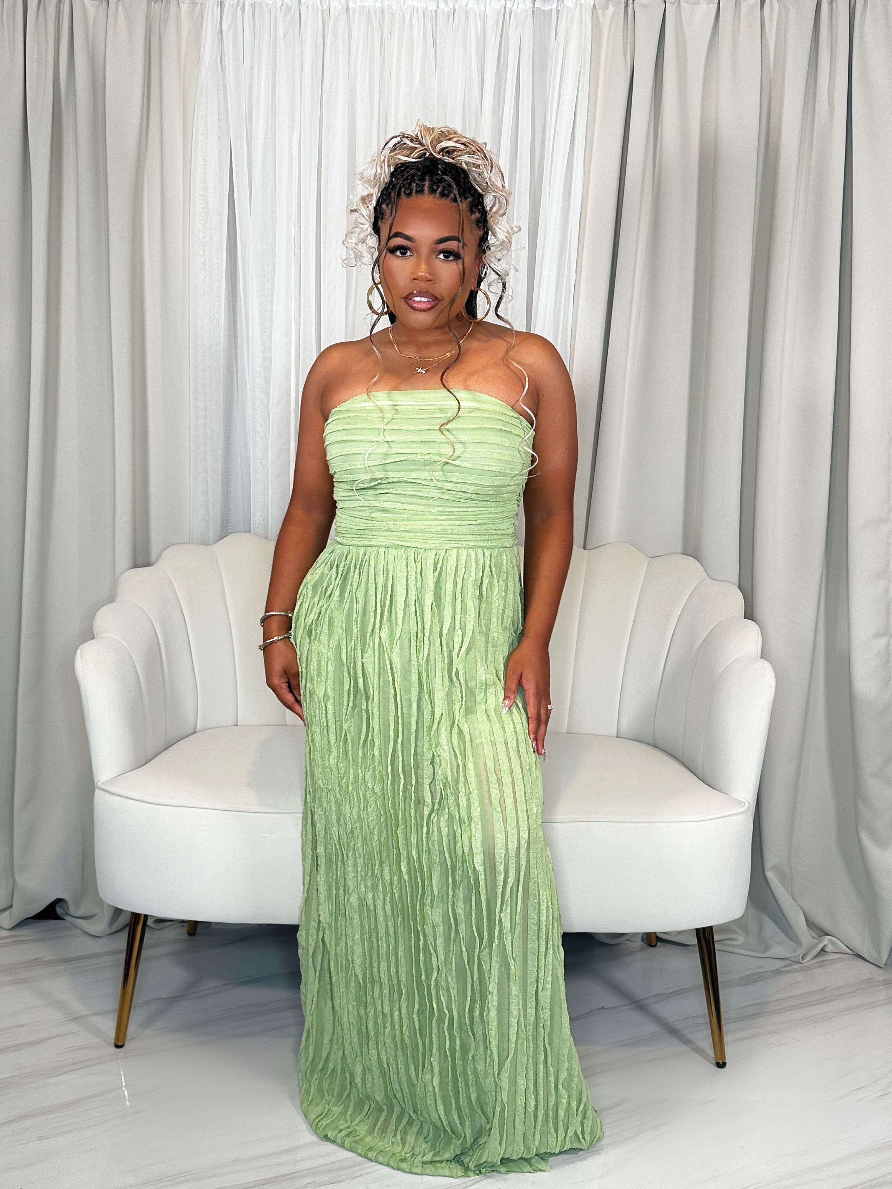 Lime green ruffle tube maxi dress – front view