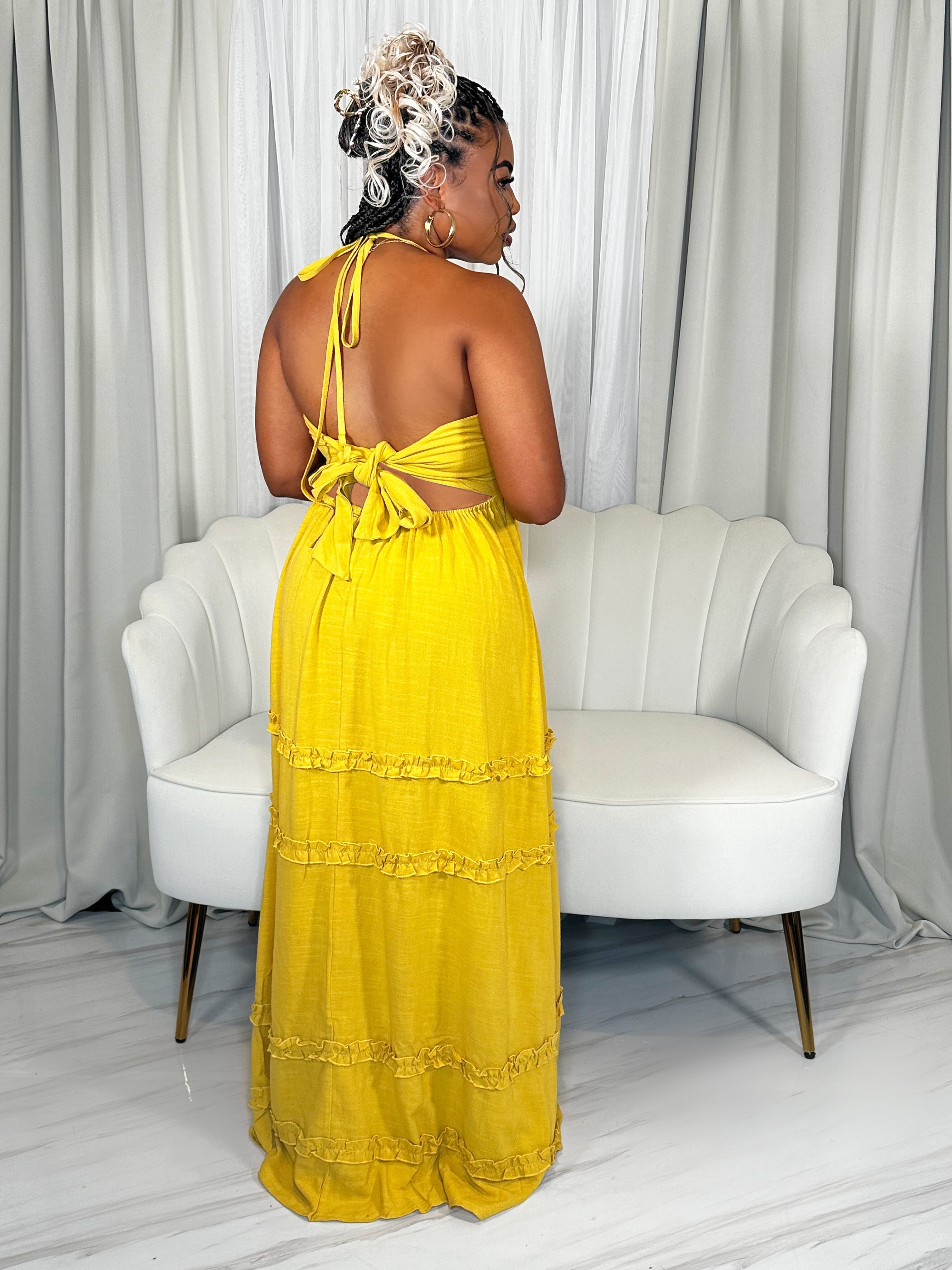 Flowy mustard yellow maxi dress with open back