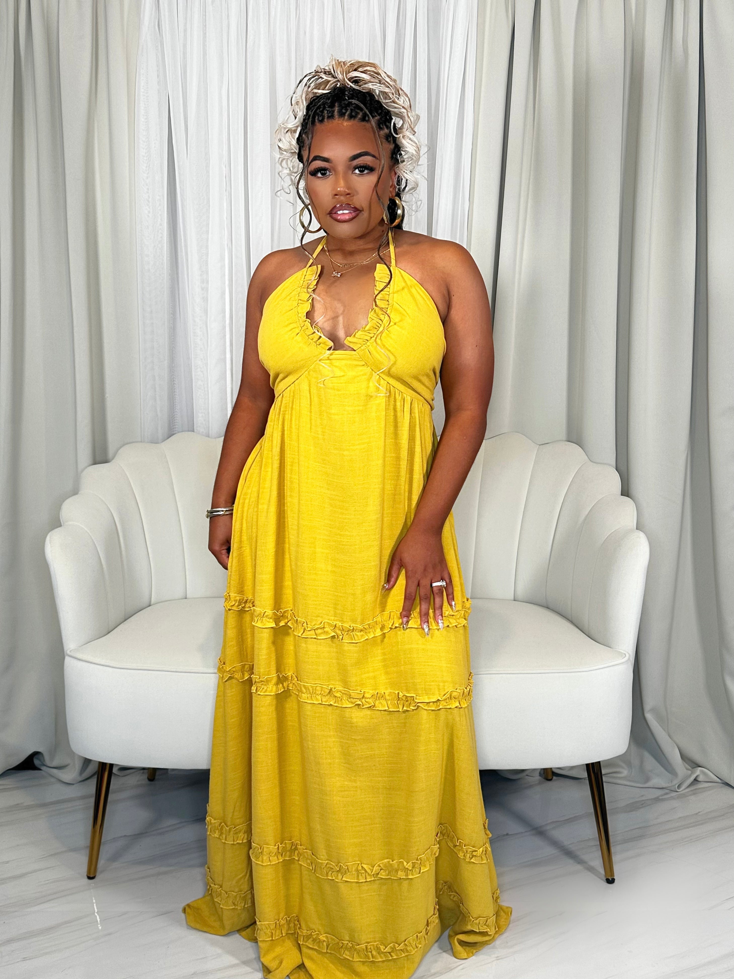 Mustard yellow ruffle halter maxi dress – front view
