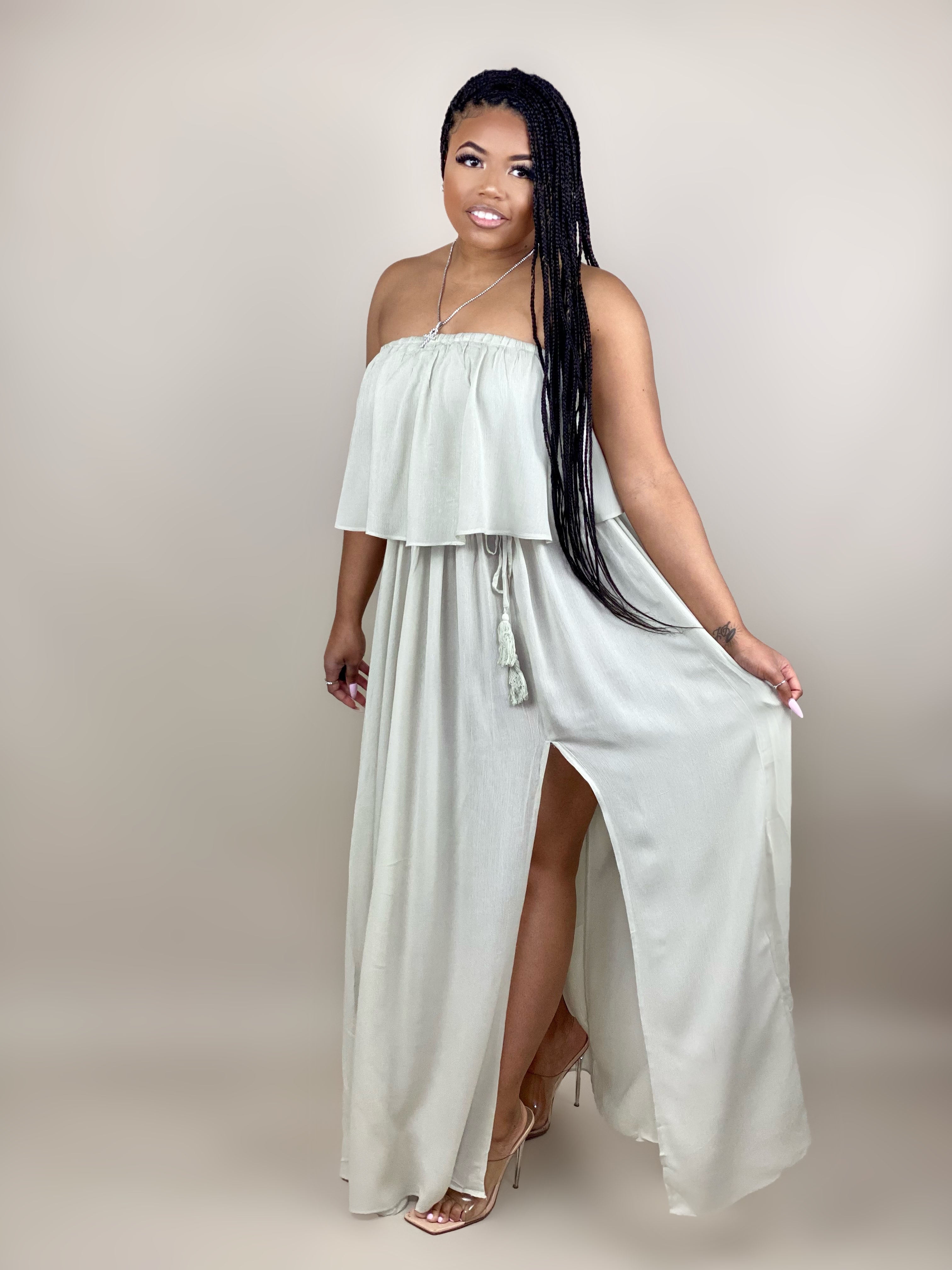 strapless maxi dress with side slit