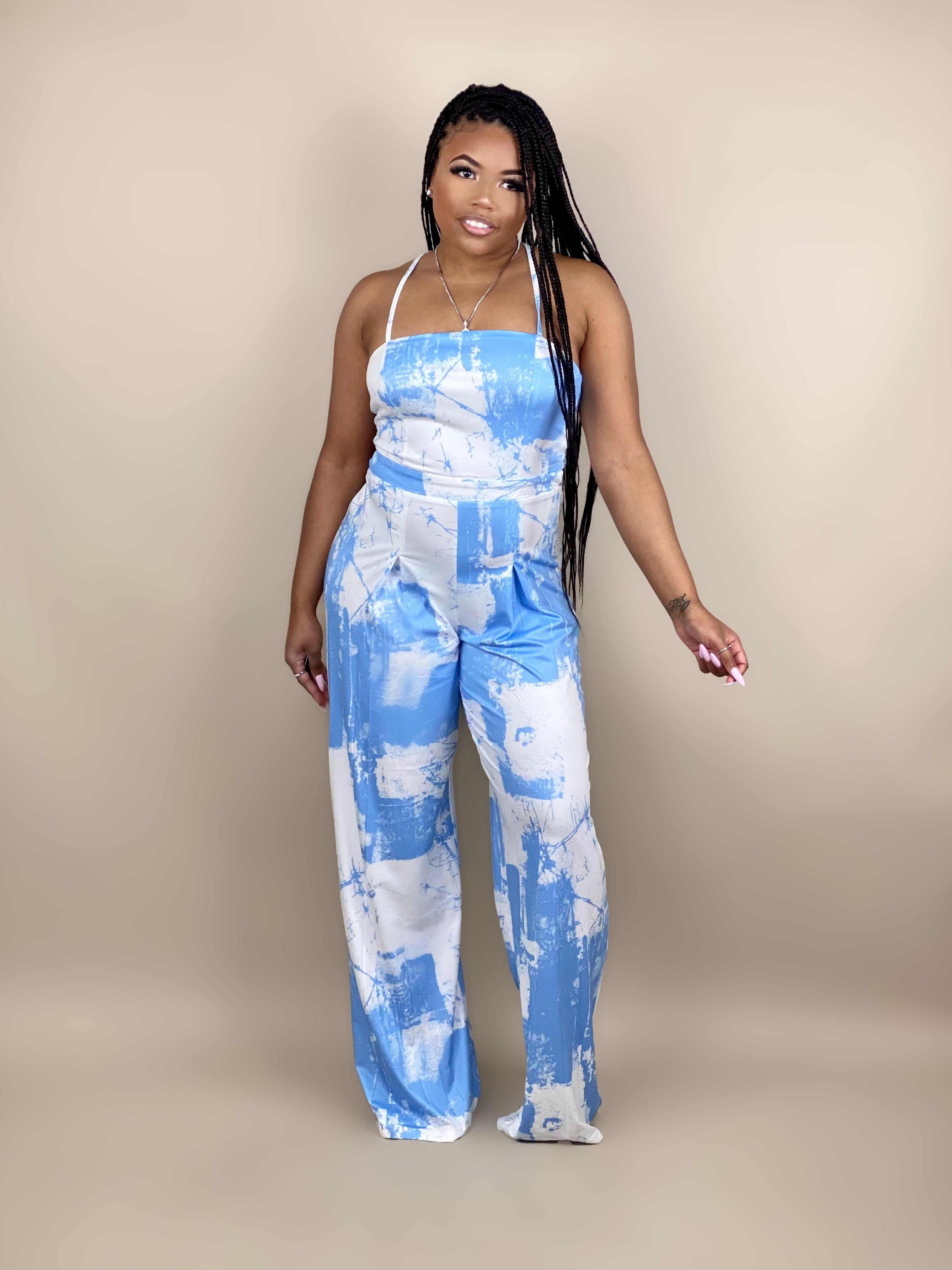 women's baby blue and white jumpsuit