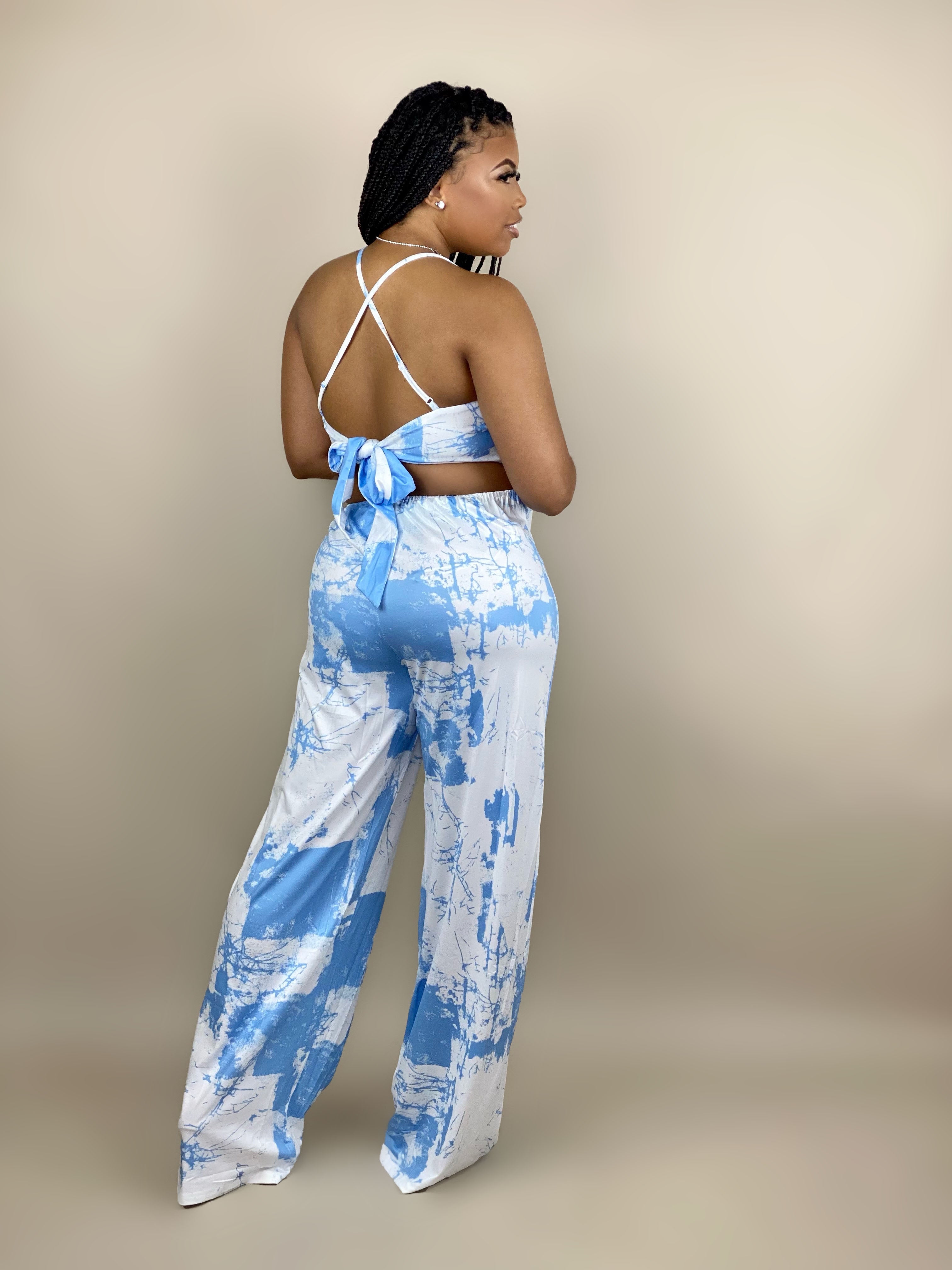 women's baby blue and white jumpsuit